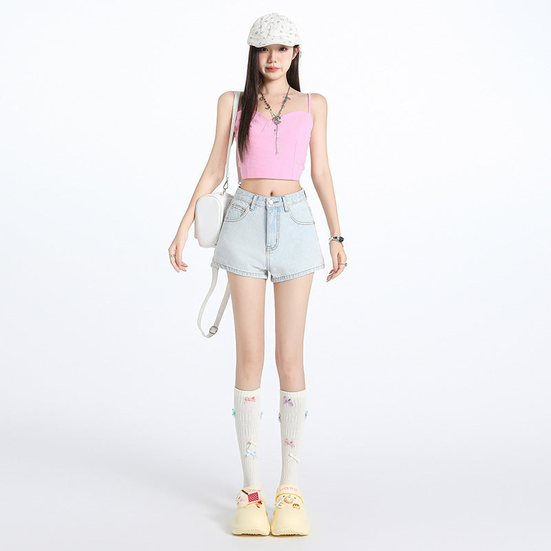 Light Blue Denim Super Short Pants for Women - Versatile, Slimming, A-Line Hot Trousers