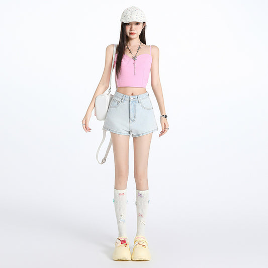 Light Blue Denim Super Short Pants for Women - Versatile, Slimming, A-Line Hot Trousers