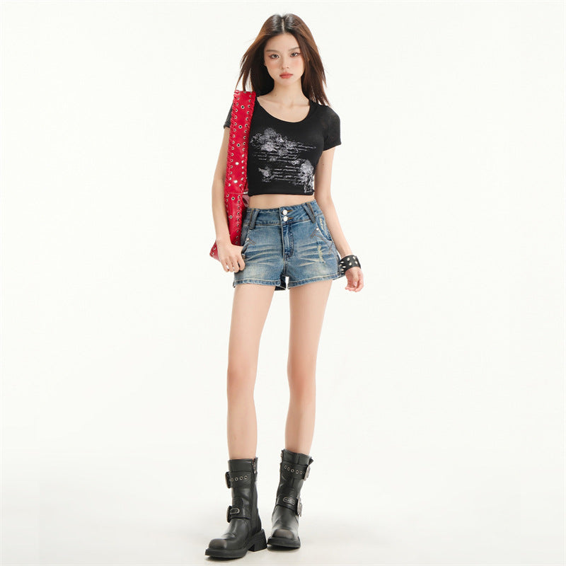 High-Waisted Distressed Denim Shorts for Women - Elastic Slimming Hot Pants