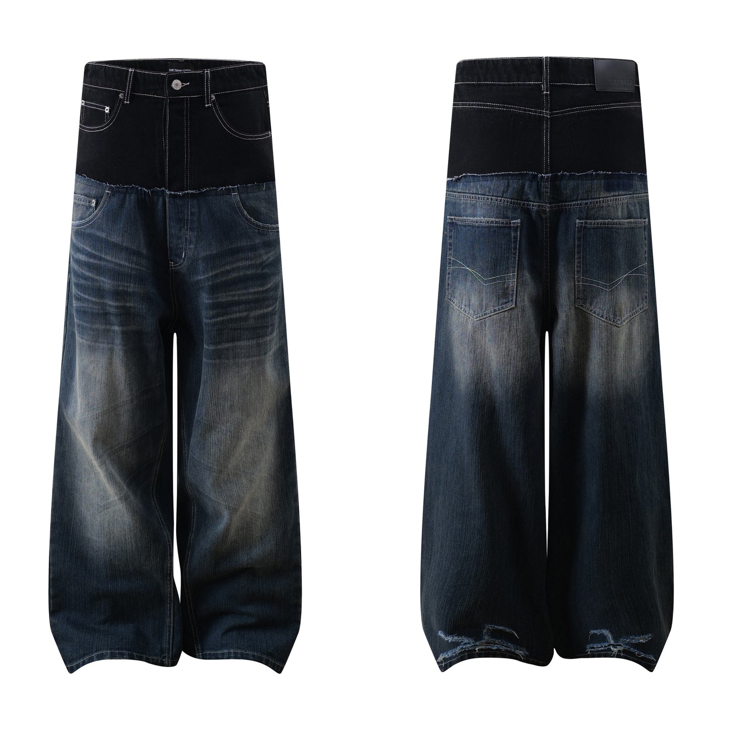 Street Style High-Street Unique Design Patchwork Denim Long Pants