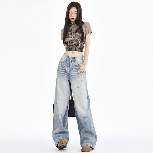 Silk Women's Distressed Light Gradient Scratched Retro Whitewashed Wide-Leg Jeans