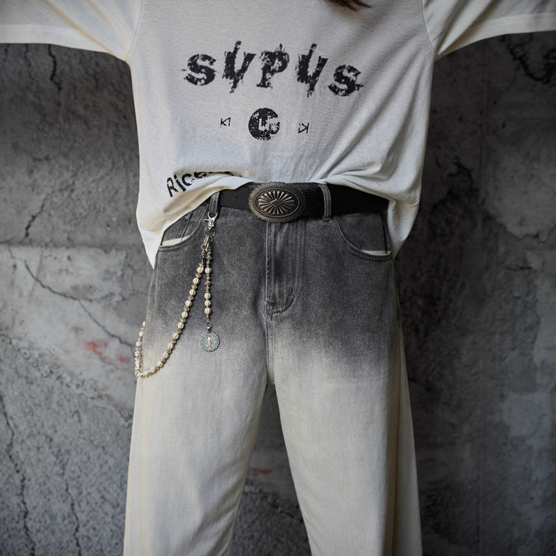 Gradient Color Wide-Leg Denim Pants - Retro Style