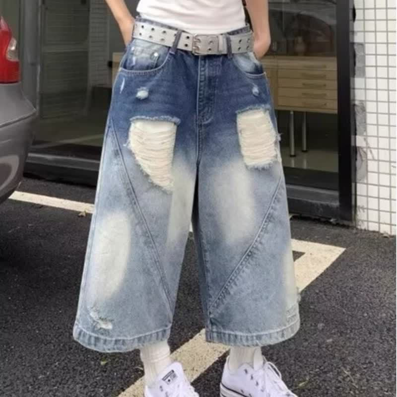 Retro Gradient Washed Distressed Denim Shorts - Unisex Summer Straight Loose Wide Leg