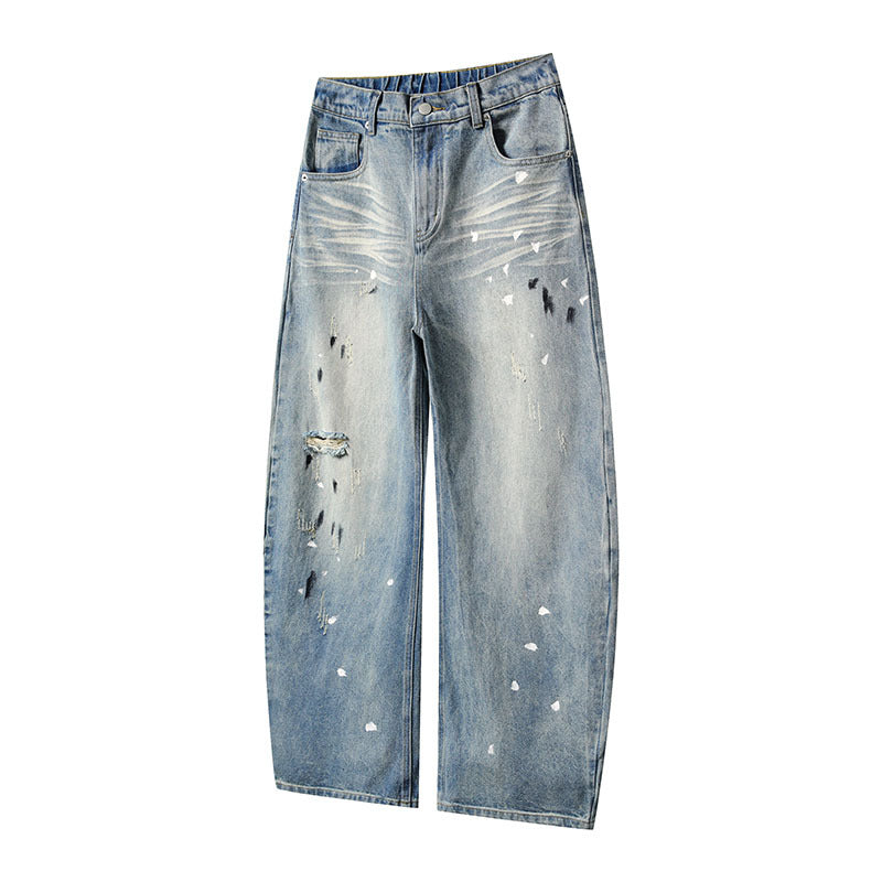 Slashed Denim Pants Water Washed Loose Straight Wide Leg Denim Trousers for Men