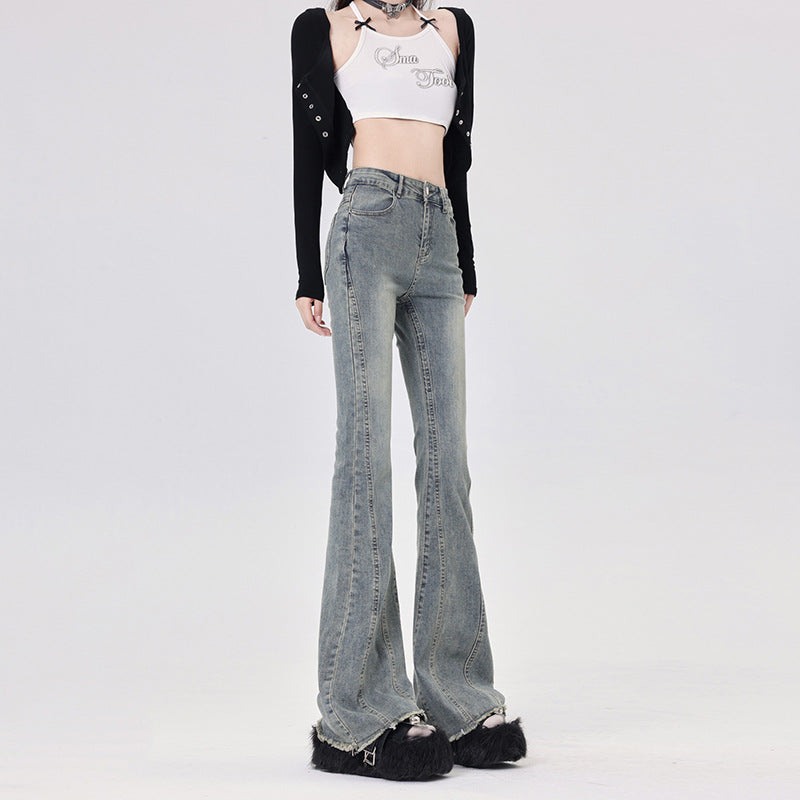 Women's Flared Denim Pants - Drape Slim Wide-Leg Floor-Length Trousers