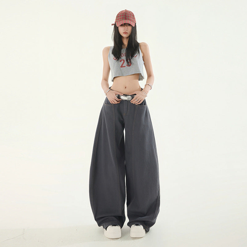 Women's Deep Gray Loose Wide-Leg Work Pants with Splicing and Knife-Edge Design