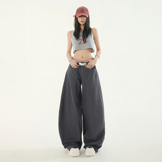 Women's Deep Gray Loose Wide-Leg Work Pants with Splicing and Knife-Edge Design