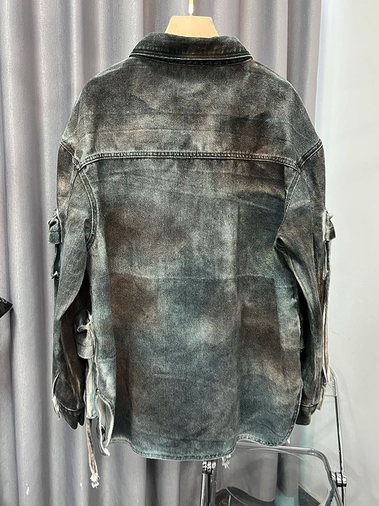 Patchwork Pockets Casual Denim Coats for Women - Colorblock Streetwear