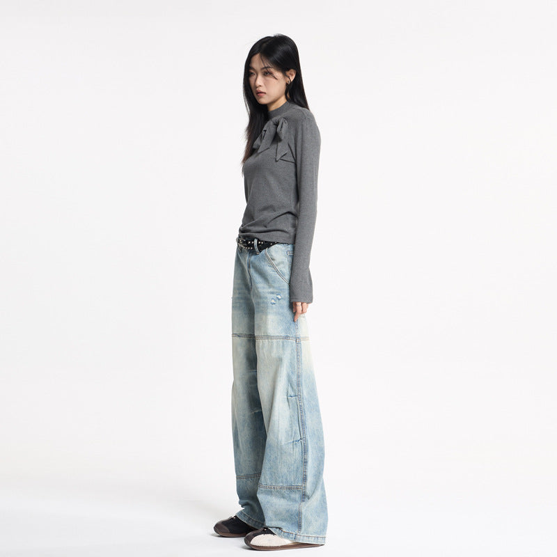 Women's Retro Design Patchwork Washed Knife-Edge Denim Pants