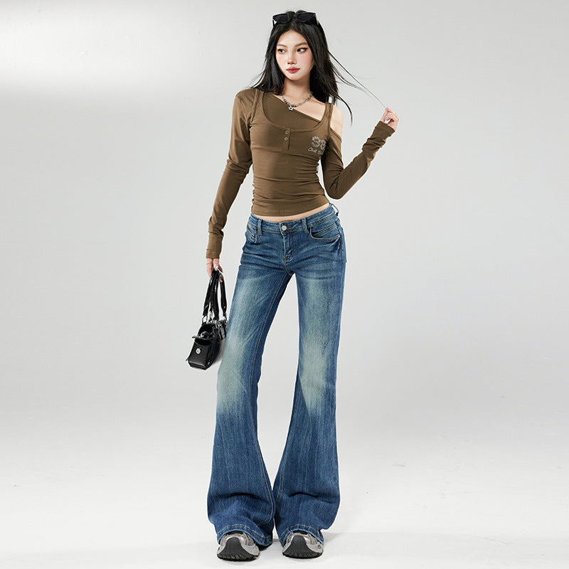 Women's Vintage Blue Low Waist Hip-Lifting Trumpet Pants