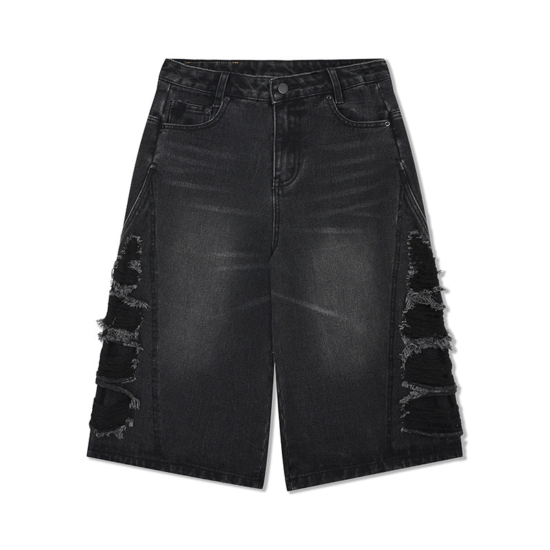 Vintage Denim Loose Cut Wide Leg Seven Quarter Shorts - Black
