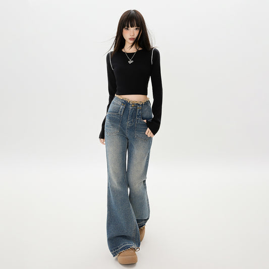 Retro Flared Denim Pants for Women - High Waist Slim Frayed Hem