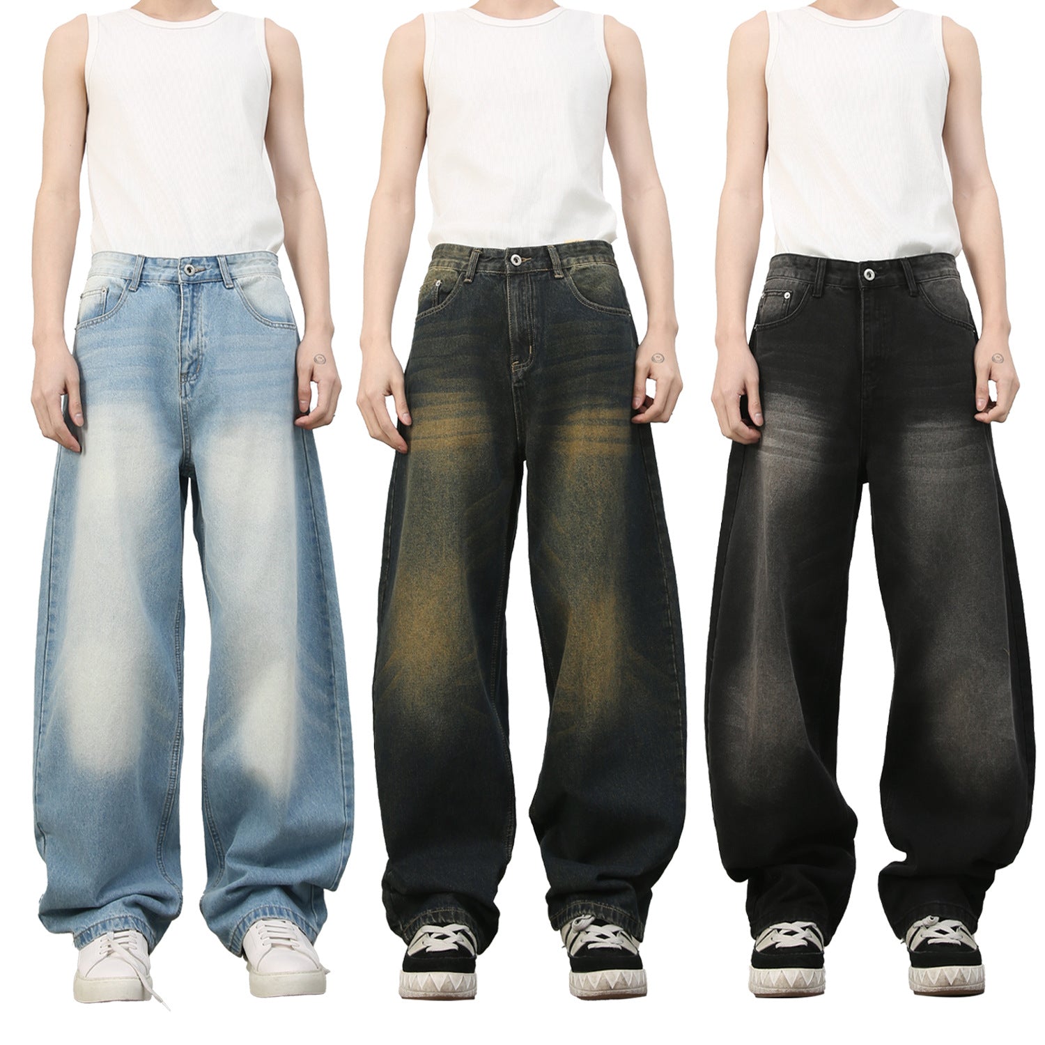 American Retro Style Flared Jeans for Men - Unique Wide Leg Loose Fit Denim Trousers