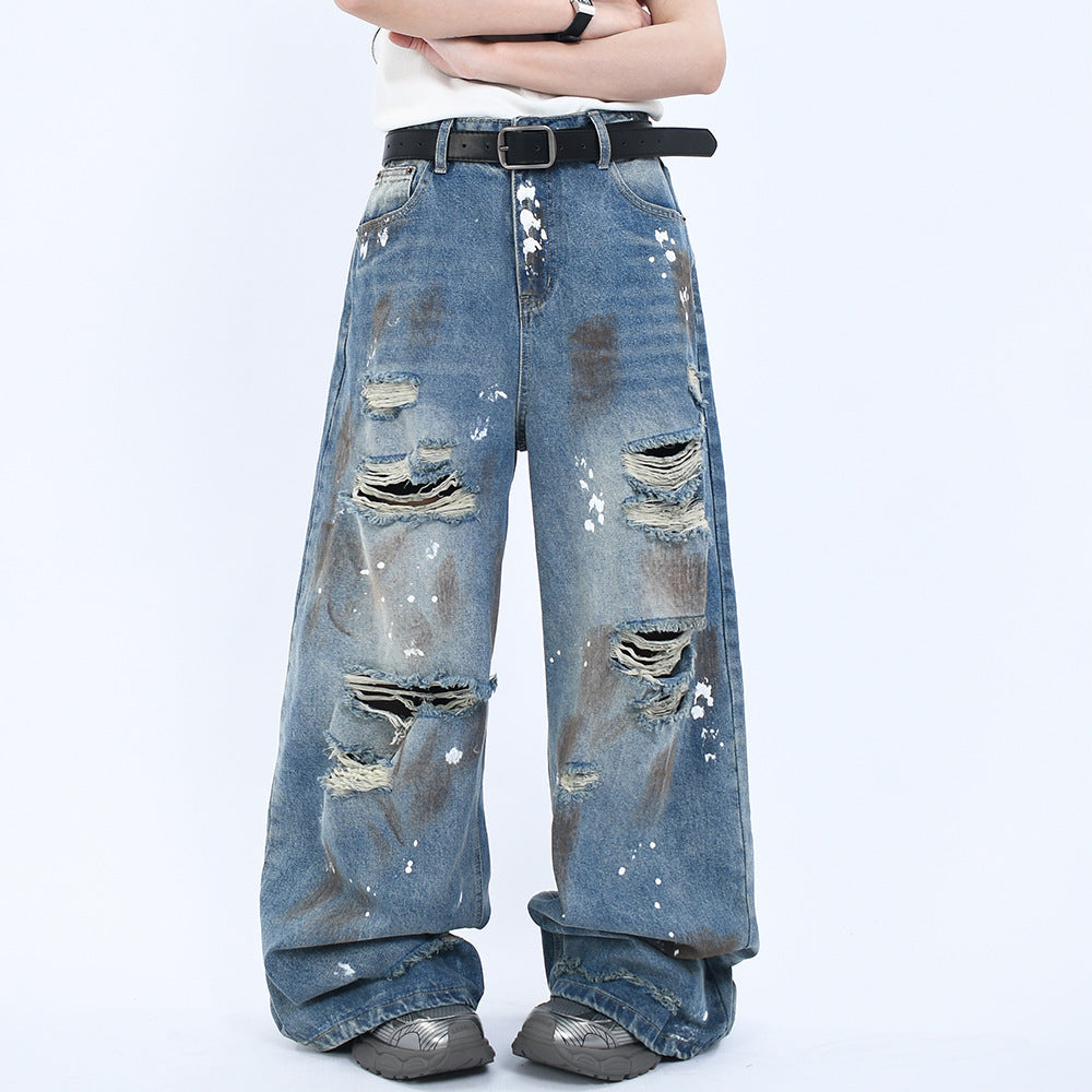 Vintage Washed Denim Pants with Wide Leg and Perforated Design