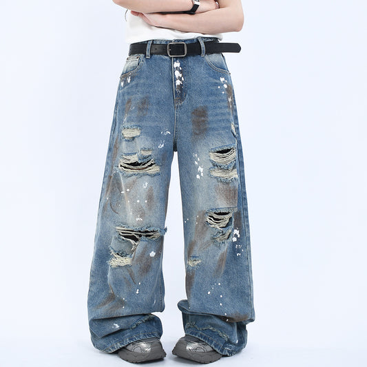 Vintage Washed Denim Pants with Wide Leg and Perforated Design