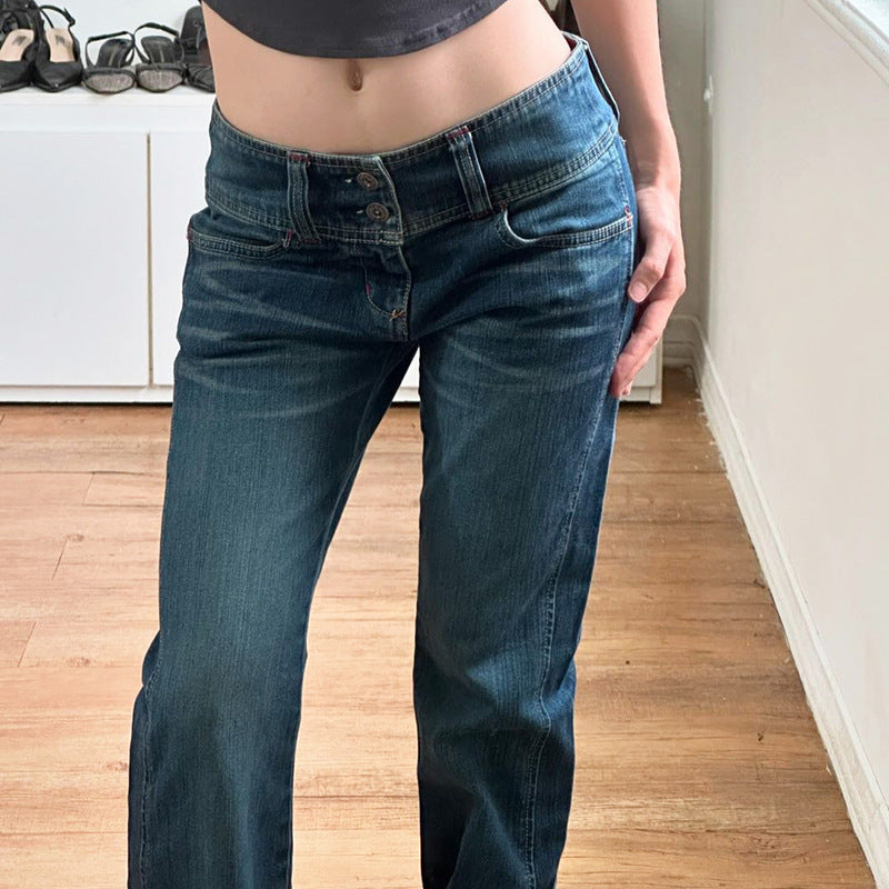 Wide Waisted Buckle Slim Fit Washed Denim Jeans