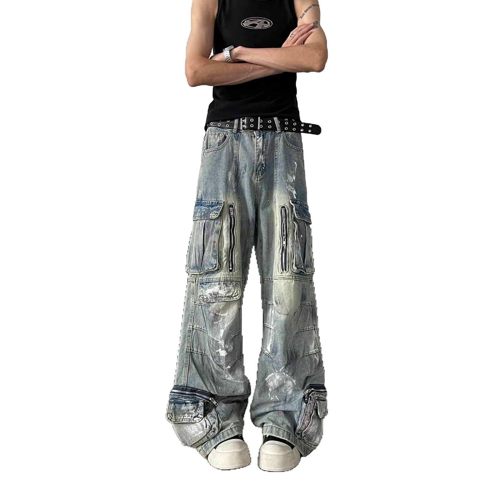 Multi Pocket Wide Leg Denim Straight Leg Casual Workwear Pants