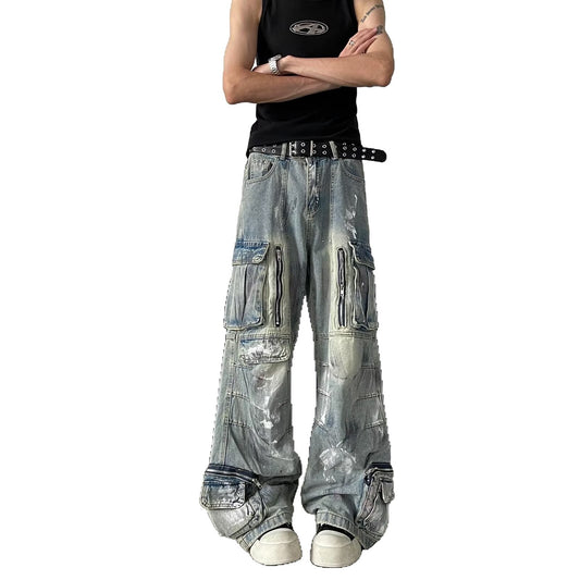 Multi Pocket Wide Leg Denim Straight Leg Casual Workwear Pants