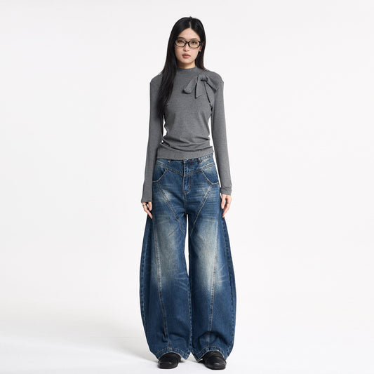 Women's Knife-Leg Jeans with Whiskers - Loose Casual Wide-Leg Pants
