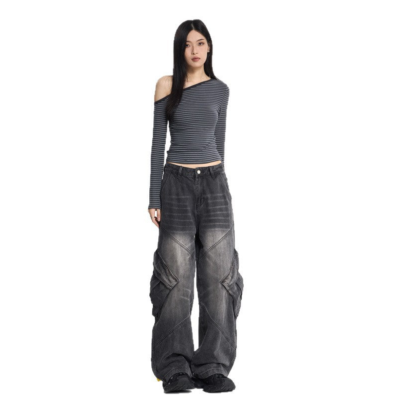 Silk Women's Water-Washed Loose Flare Cargo Denim Pants