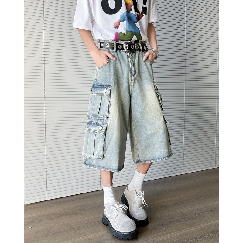 Retro Distressed Wide Leg Seven Quarter Pants