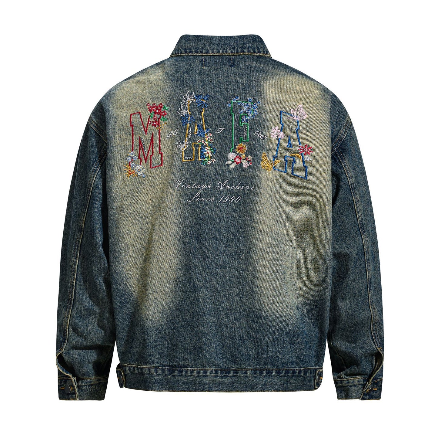 Streetwear Style Washed Denim Jacket with Colorful Letter Embroidery