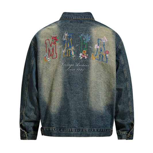 Streetwear Style Washed Denim Jacket with Colorful Letter Embroidery