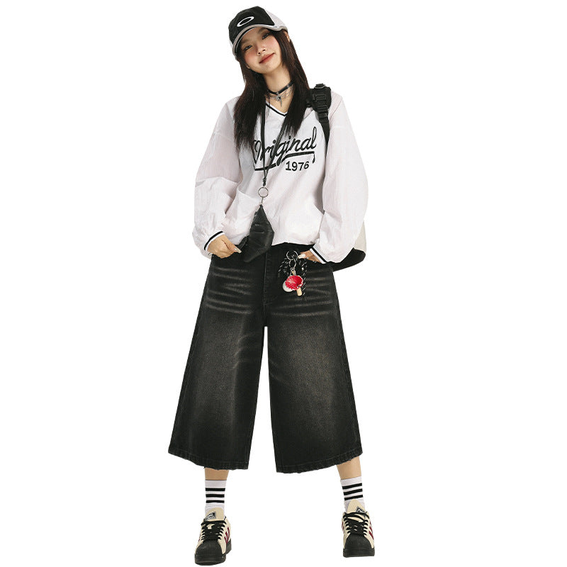 Orange Silk Women's Seven-Quarter Denim Pants - High-Waist Loose High-Street Straight Leg Trousers