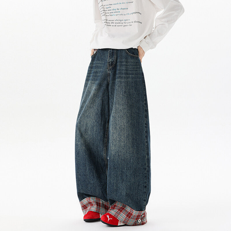 Retro Washed Dark Blue Plaid Cuffed Denim Pants - Luxury Streetwear