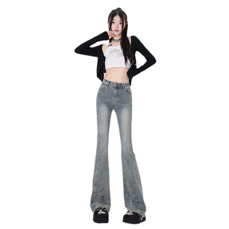 Women's Flared Denim Pants - Drape Slim Wide-Leg Floor-Length Trousers