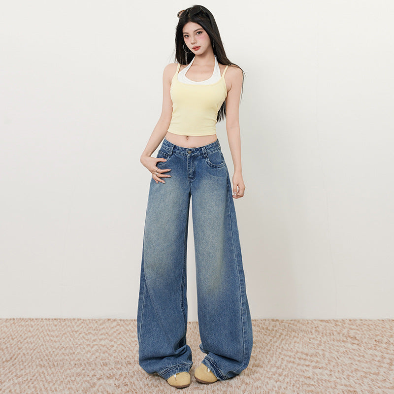 Retro Washed Blue Wide-Leg Jeans for Women - Loose Slimming Low-Waist Straight Leg Trousers