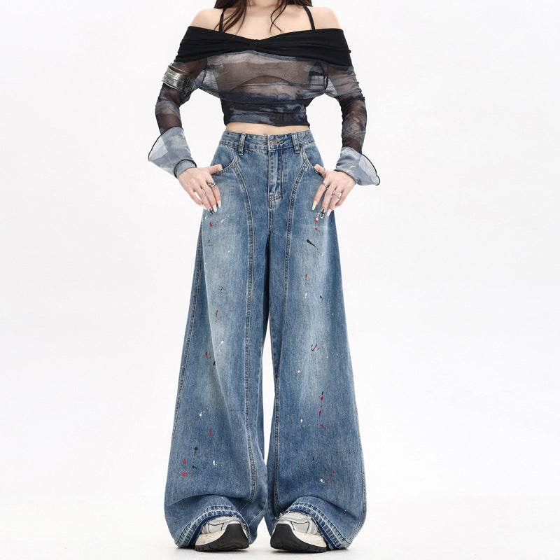 Women's Loose Fit Distressed Graffiti Wide-Leg Denim Pants