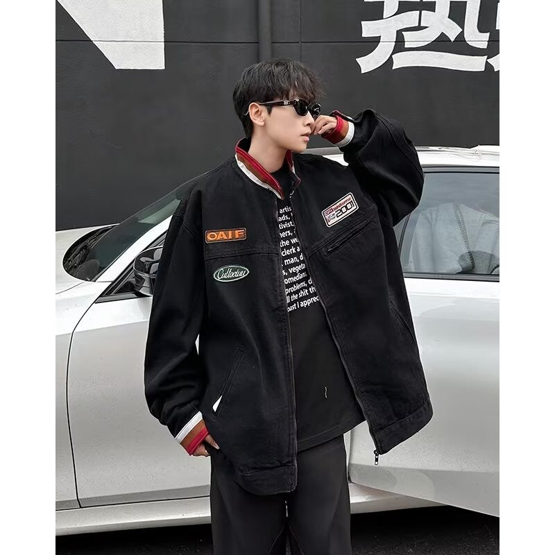 Vintage Stand Up Collar Couple Denim Jacket for Men