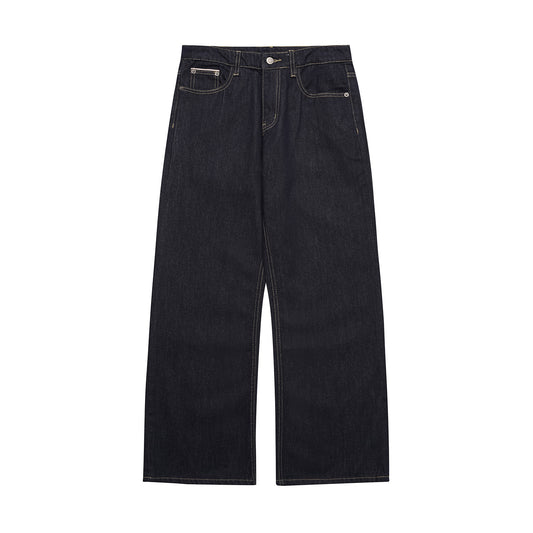 Washed Denim Blue Jeans - Loose Straight Leg with Slight Flare