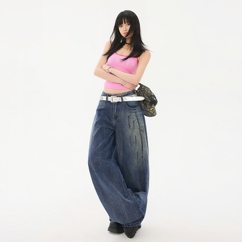 Women's Washed Distressed Mid-Waist Wide-Leg Pants Scissors Denim Trousers