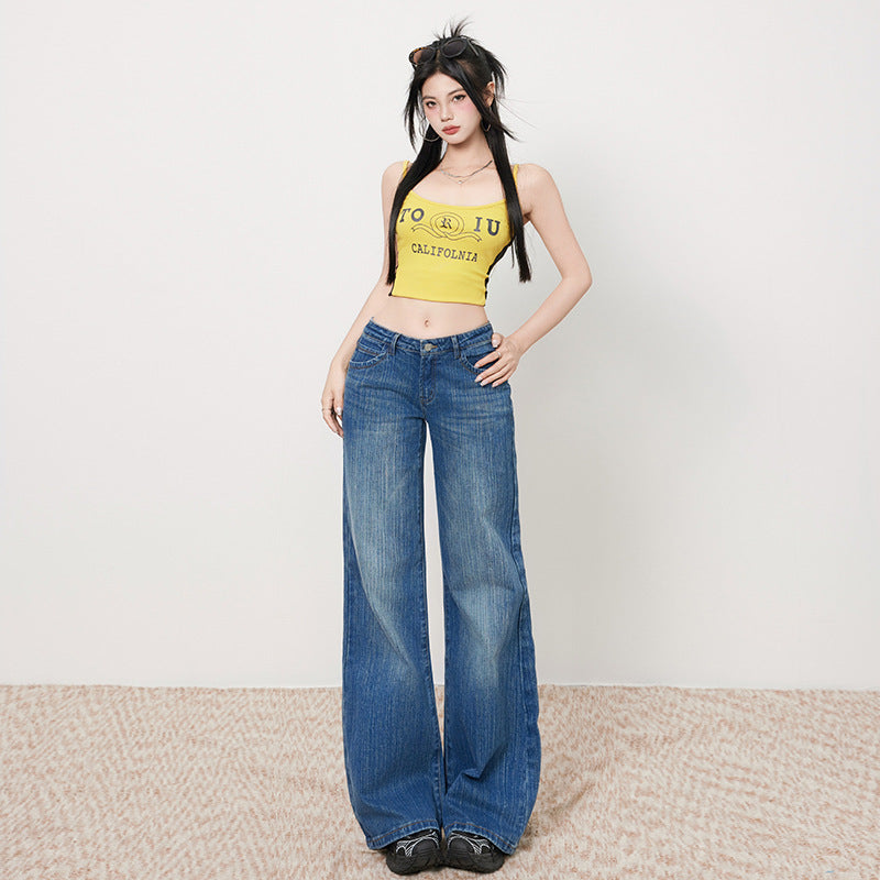 Women's Bamboo Water Washed Straight Leg Jeans - Low Waist Slim Wide Leg Pants