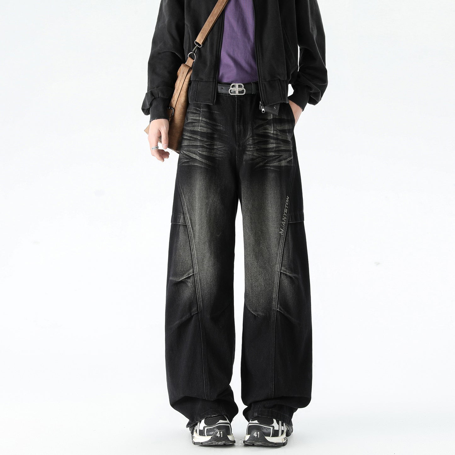 Men's Patchwork Straight Leg Work Pants – Premium Loose Fit Denim