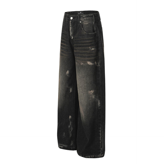 Retro Unisex Trendy Washed Black Splatter Design Men's Loose Wide-Leg Jeans
