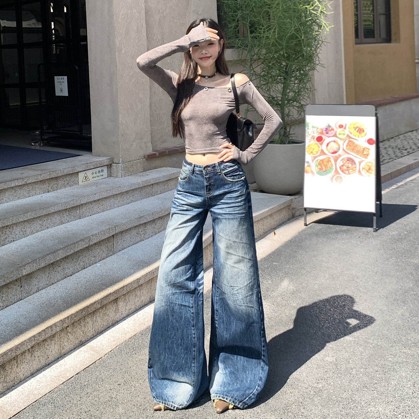 Style Washed Wrinkled Denim Pants for Women - Loose High Waist Versatile Slim Wide Leg Trousers