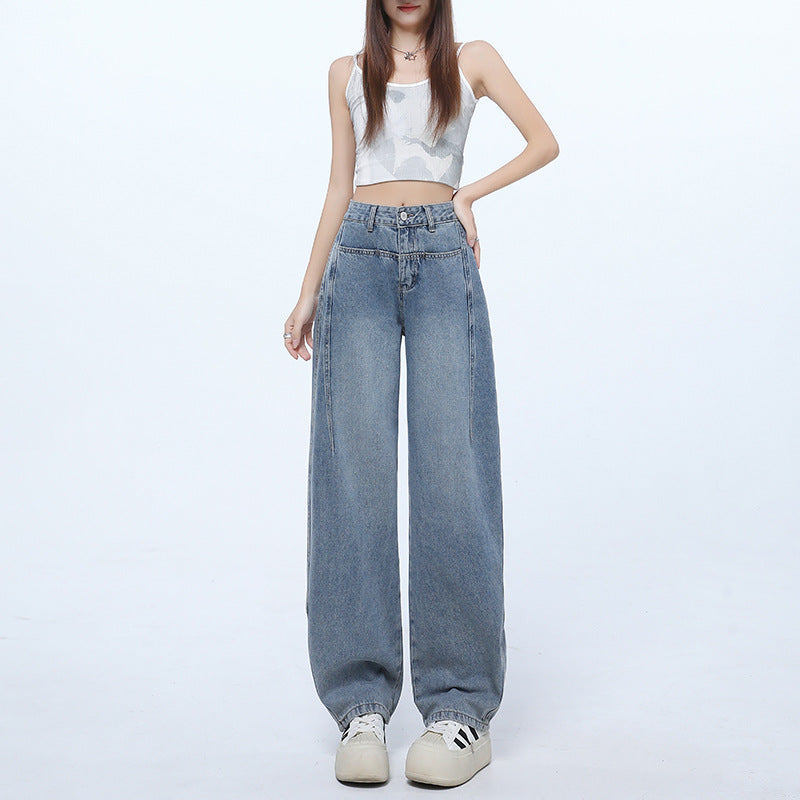 Retro Blue High-Waisted Flared Denim Pants for Women - Summer Loose Fit