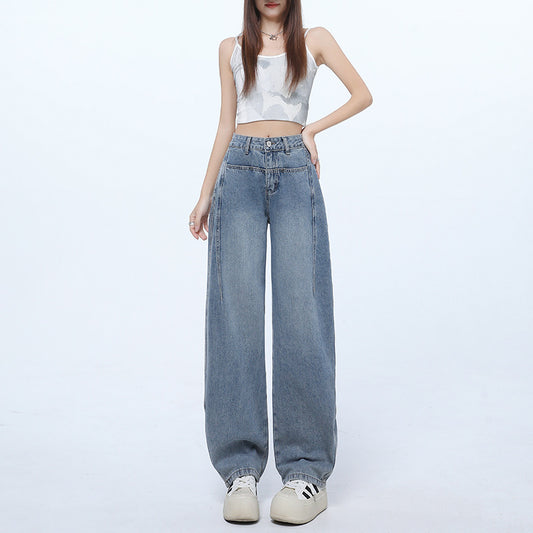 Retro Blue High-Waisted Flared Denim Pants for Women - Summer Loose Fit