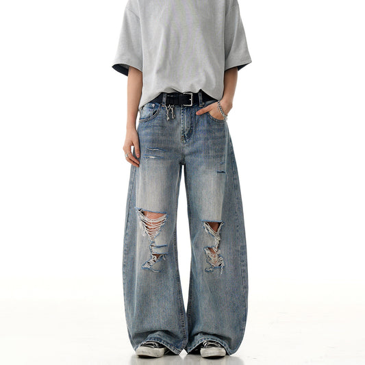 Vintage Ripped Denim Straight Leg Casual Knife Pants