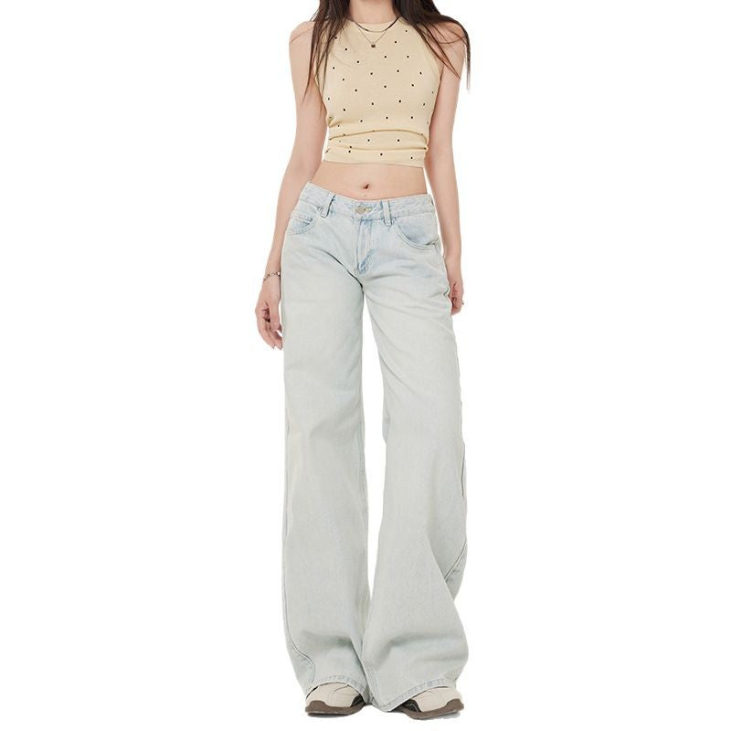 Women's Low Waist Light Color Straight Leg Jeans - Slimming Floor-Length Pants
