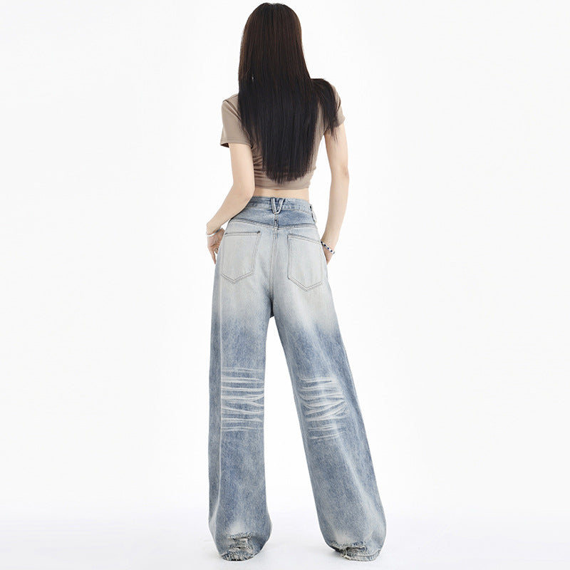 Silk Women's Distressed Light Gradient Scratched Retro Whitewashed Wide-Leg Jeans