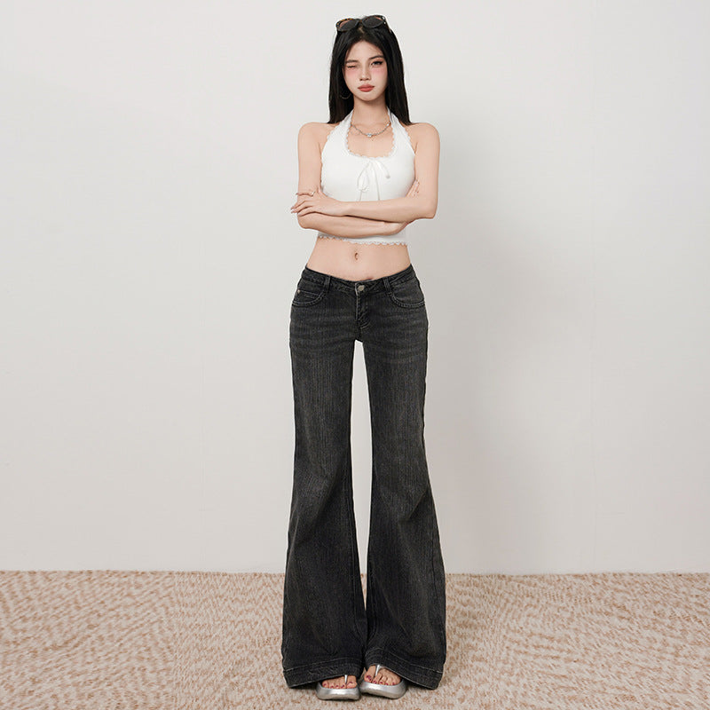 Women's Black and Gray Flared Jeans - Slimming Retro Low Waist Pants