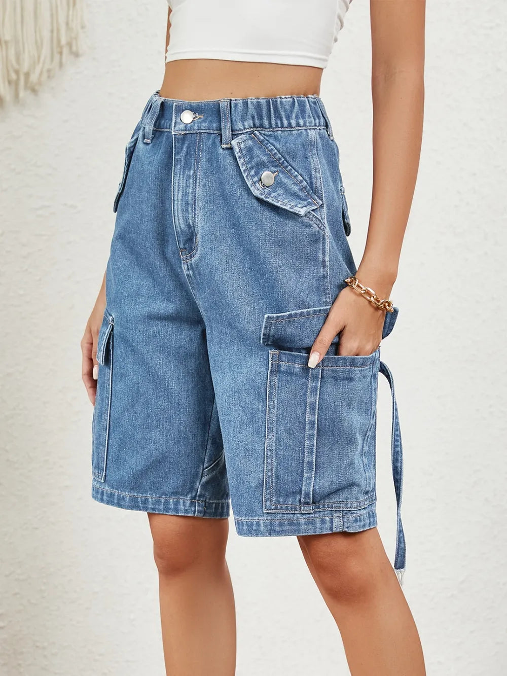 High Waist Denim Shorts with Pockets - Casual Chic Style