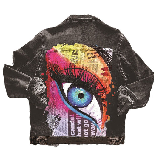 Women's Autumn Street Style Lapel Denim Jacket with Print Pattern