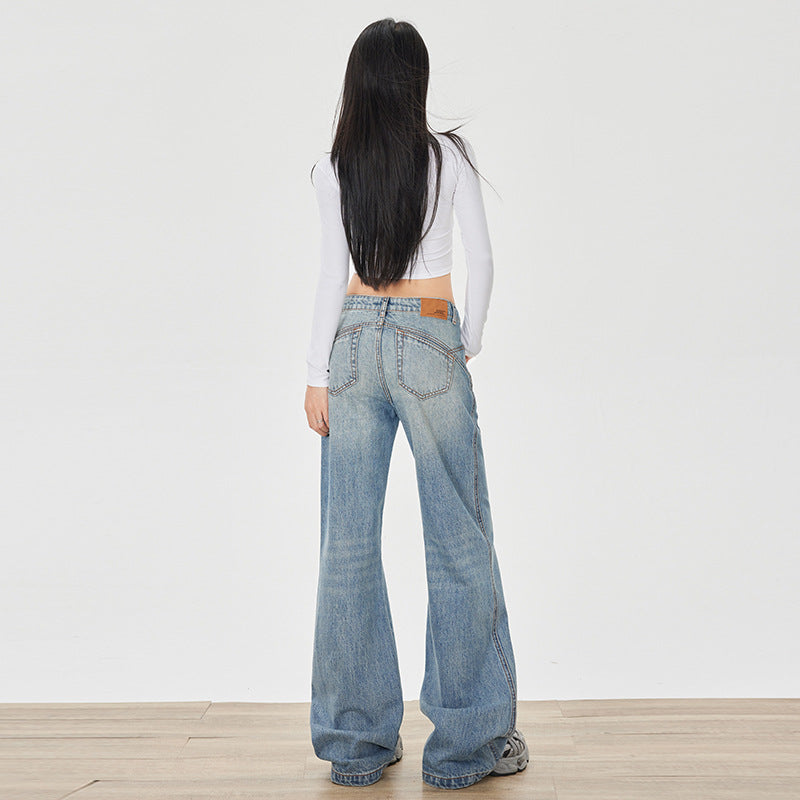 Flared Jeans for Women - Mid-Low Waist Cracked Loose Drape Versatile Pants