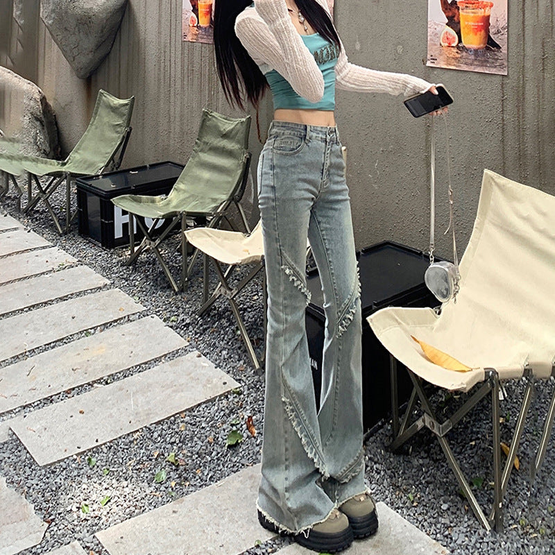 Design Sense High-Waist Frayed Hem Flare Jeans for Women - Slim Fit Versatile Denim Pants