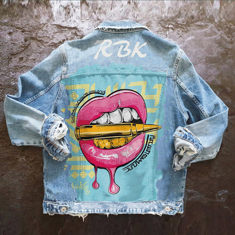 Women's Autumn Hot Selling Tongue Out Print Denim Jacket